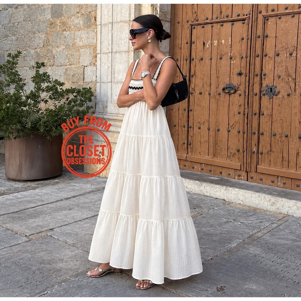 Zara NWT Cream Seersucker Cotton Tiered Midi Dress Lace Applique M - Picture 8 of 16